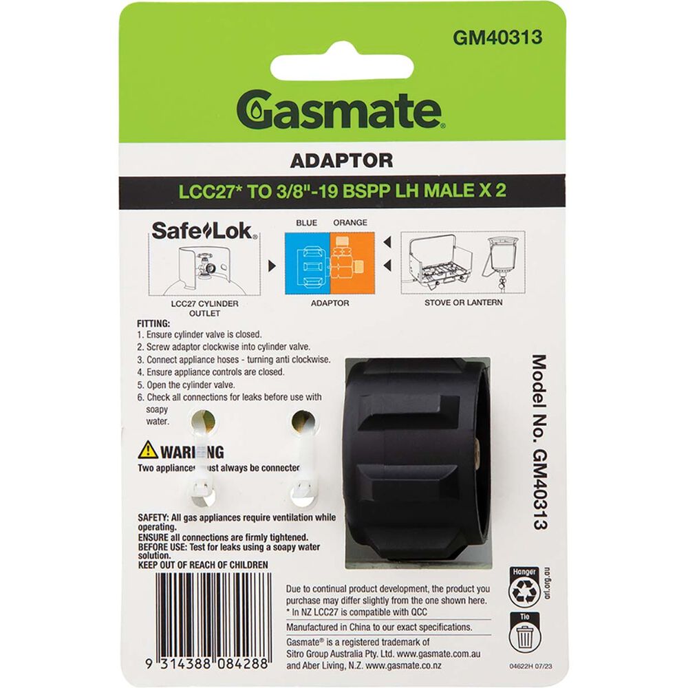  Gasmate LCC27 To Twin 3/8" BSPP LH Adaptor